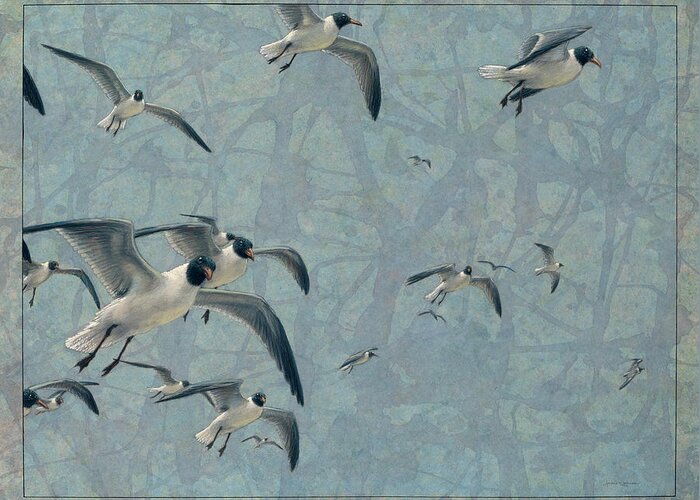 Gulls Greeting Card featuring the painting Gulls by James W Johnson