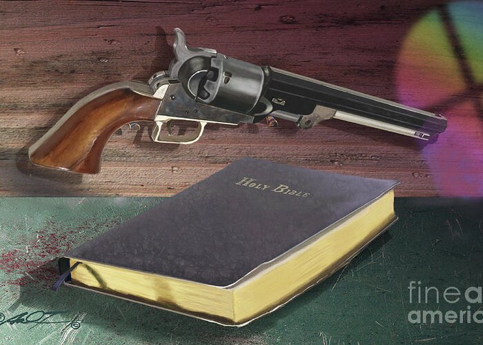 Guns Greeting Card featuring the digital art Gun and Bibles by Dale Turner