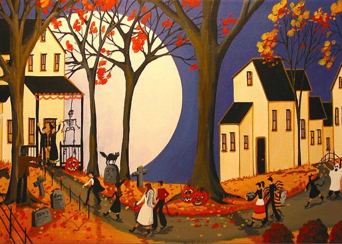 Folk Art Greeting Card featuring the painting Halloween House Party by Debbie Criswell