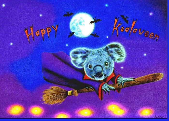 Koala Greeting Card featuring the drawing Halloween Koala, Happy Koalaween by Casey 'Remrov' Vormer