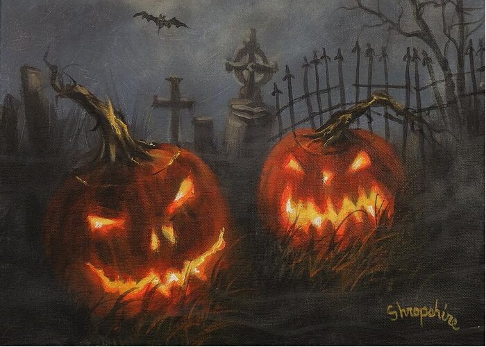 Halloween Greeting Card featuring the painting Halloween on Cemetery Hill by Tom Shropshire