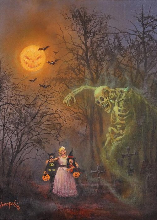 Halloween Greeting Card featuring the painting Halloween Spook by Tom Shropshire