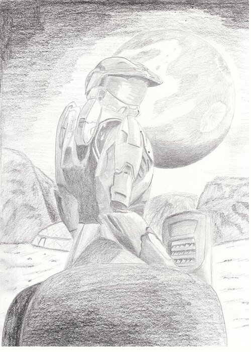 Soldier Greeting Card featuring the drawing Halo Soldier by Martin Valeriano