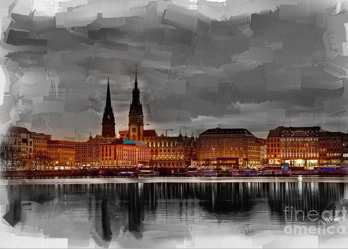 Hamburg Greeting Card featuring the painting Hamburg Germany Skyline 01 by Gull G