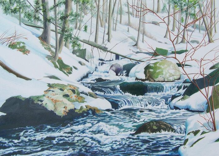 Snow Greeting Card featuring the mixed media Hamburg Mountain Stream by Constance Drescher