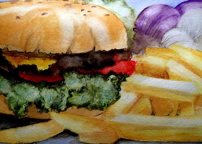 Hamburger Greeting Card featuring the painting Hamburger with Fries by Carol Grimes