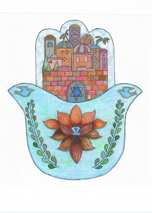  Greeting Card featuring the drawing Hamsa 13 by Suzanne Udell Levinger