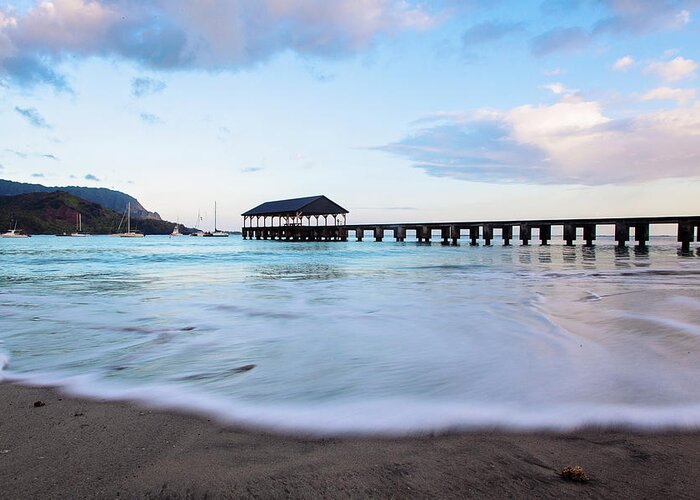 Hanalei Bay Pier Greeting Card featuring the photograph Hanalei Bay Pier at Sunrise by Melanie Alexandra Price