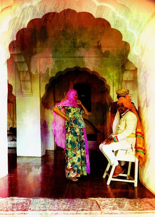 Digital Art Greeting Card featuring the photograph Hanging Out Travel Exotic Arches People Digital Painting India Rajasthan 1q by Sue Jacobi