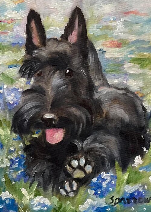 Scottish Terrier Greeting Card featuring the painting Happiness is... by Mary Sparrow