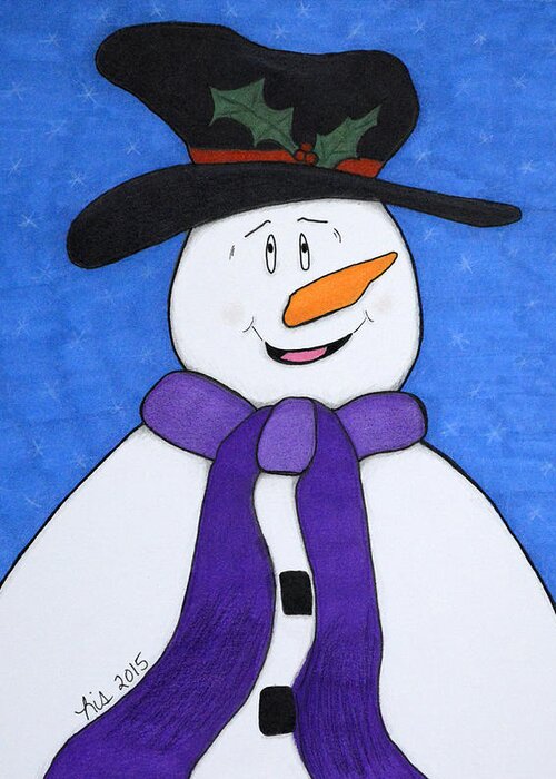 Snowman Greeting Card featuring the drawing Happiness Snowman by Lisa Blake