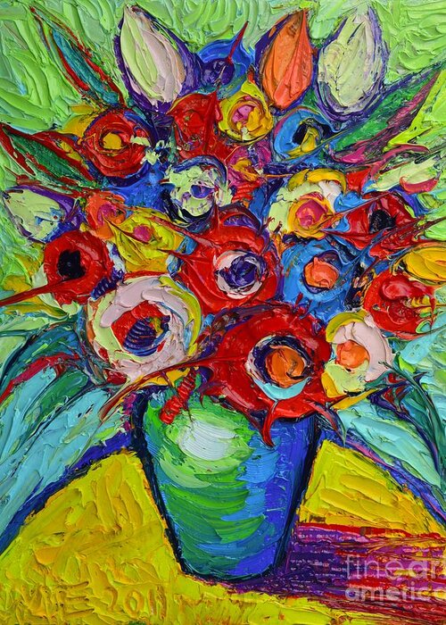 Abstract Greeting Card featuring the painting Happy Bouquet Of Poppies And Colorful Wildflowers On Round Yellow Table Impasto Abstract Flowers by Ana Maria Edulescu