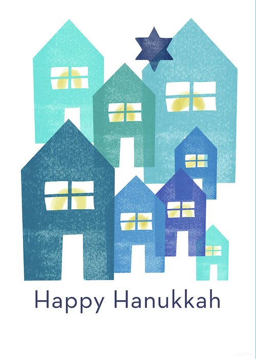 #faaAdWordsBest Greeting Card featuring the mixed media Happy Hanukkah Houses- Art by Linda Woods by Linda Woods