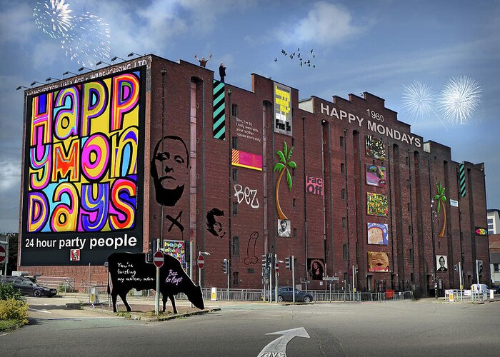 Happy Mondays Greeting Card featuring the mixed media Happy Mondays Megastore and Museum by Mal Bray