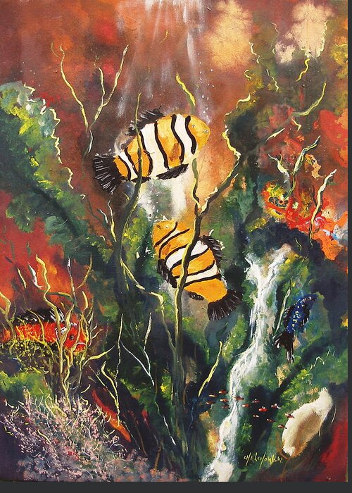 Happy Pair Tropical Fish Nemo Life Under The Sea Water Ocean Wave Seaweed Swimming Aquatic Fauna Greeting Card featuring the painting Happy Pair by Miroslaw Chelchowski