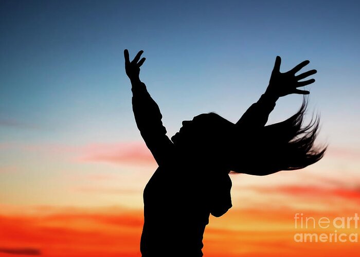 Active Greeting Card featuring the photograph Happy woman enjoying sunset by Anna Om