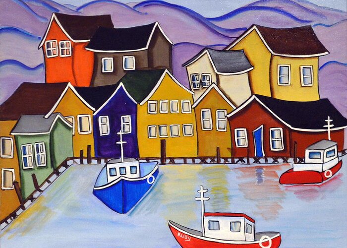 Abstract Greeting Card featuring the painting Harbour Village by Heather Lovat-Fraser