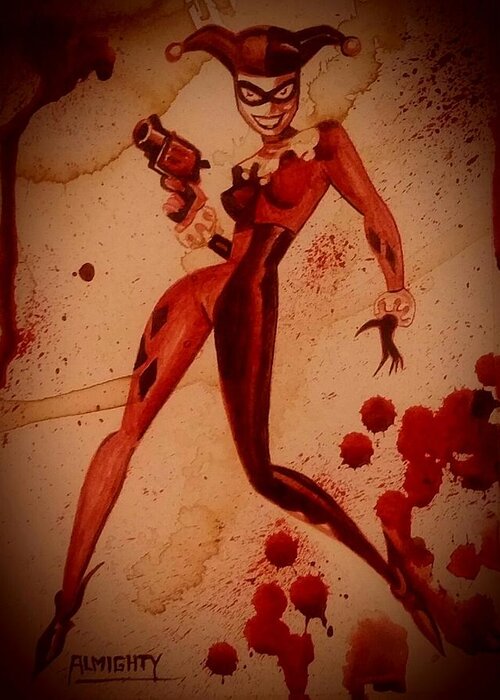 Ryan Almighty Greeting Card featuring the painting HARLEY QUINN - wet blood by Ryan Almighty