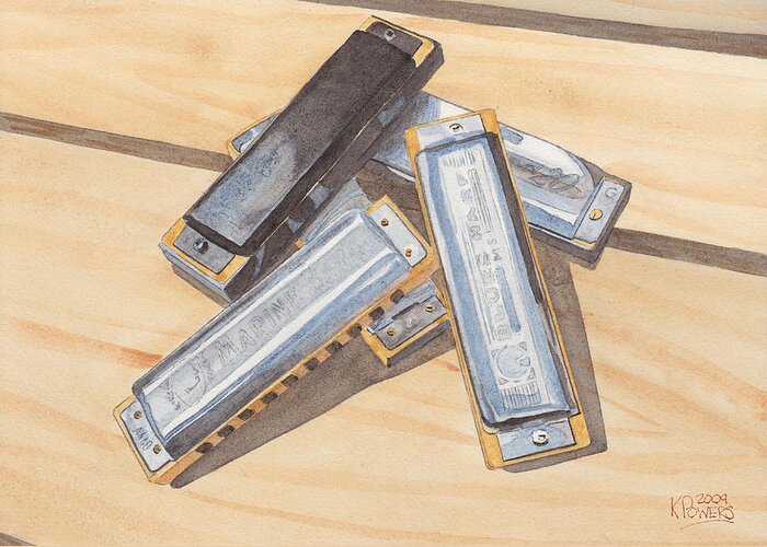 Harmonica Greeting Card featuring the painting Harmonica Pile by Ken Powers
