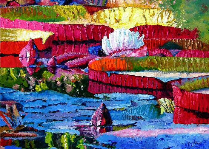 Water Lilies Greeting Card featuring the painting Harmony of Color and Light by John Lautermilch