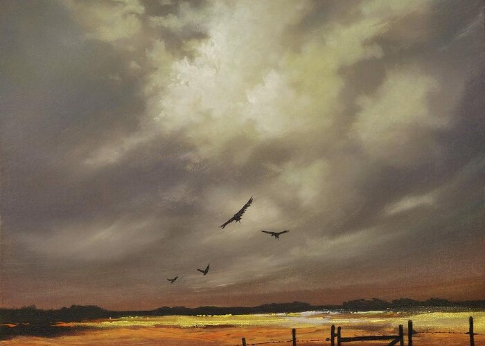 Contemporary Landscape; Orange And Gold; Billowing Clouds; Soaring Birds; Tom Shropshire Painting Greeting Card featuring the painting Harvest Gold by Tom Shropshire