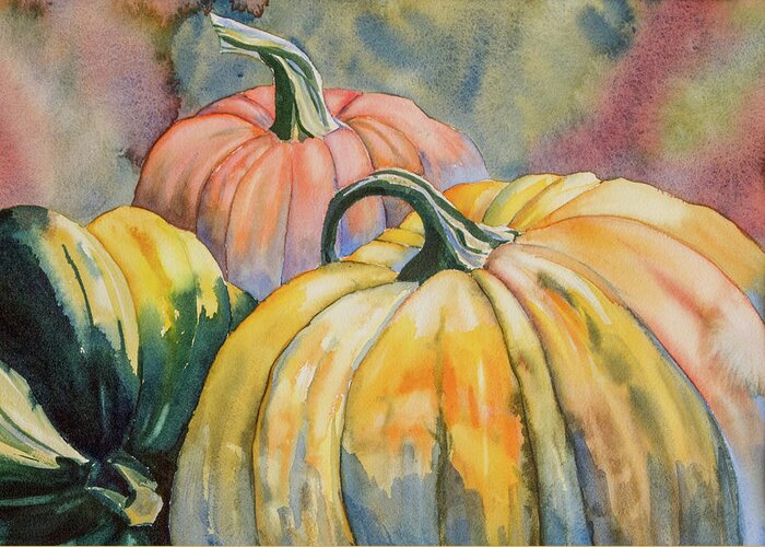 Pumpkins Greeting Card featuring the painting Harvest by Susan Bandy