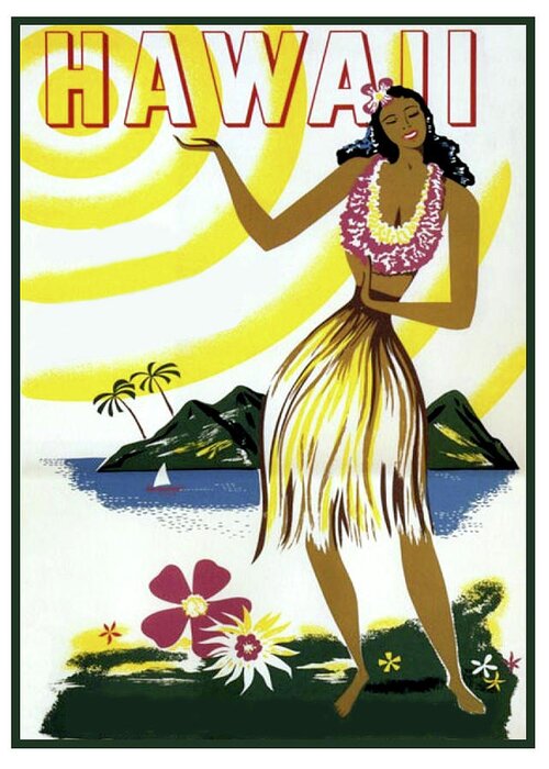 Hawaii, Hula girl, tropic beach, travel poster Greeting Card by Long Shot