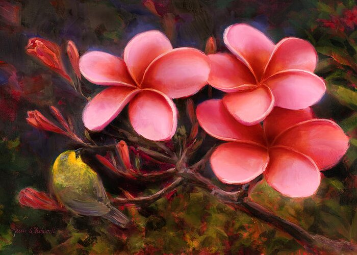 Pua Melia Greeting Card featuring the painting Hawaiian Pink Plumeria and Amakihi Bird by K Whitworth