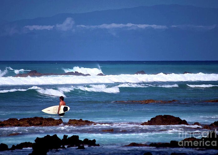 Hawaiian Landscape Greeting Card featuring the photograph Hawaiian Seascape with Surfer by Bette Phelan