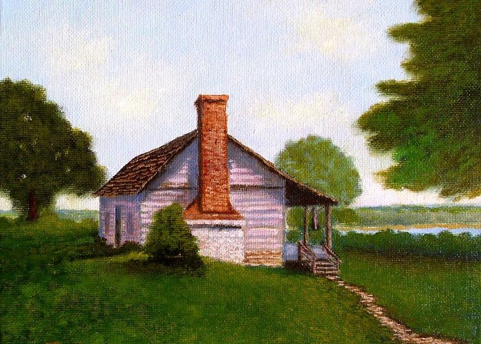 Log Cabin Greeting Card featuring the painting Hawkeye Cabin by Fred Wilson