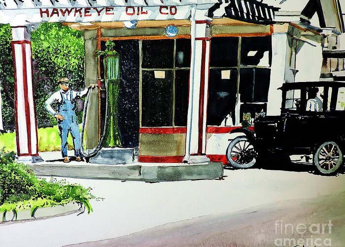 Old Time Greeting Card featuring the painting Hawkeye Oil Co by Tom Riggs