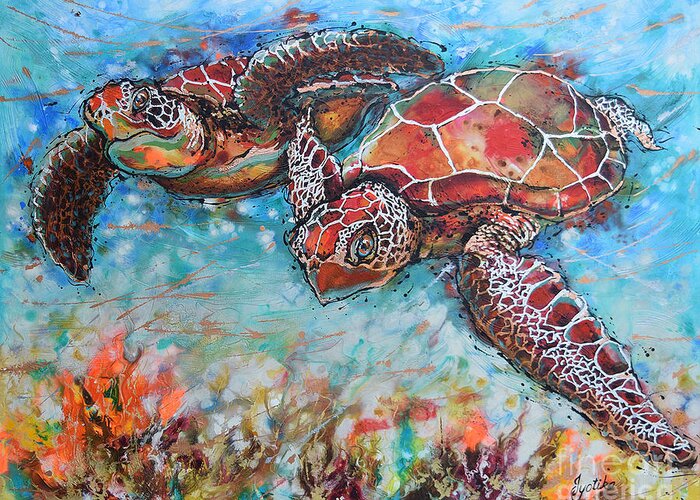 Marine Turtles Greeting Card featuring the painting Hawksbill Sea Turtles by Jyotika Shroff