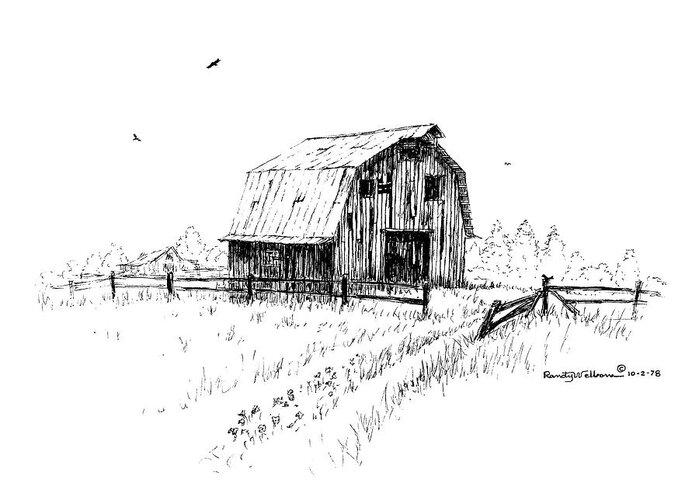 Hay Greeting Card featuring the drawing Hay Barn with Broken Gate by Randy Welborn