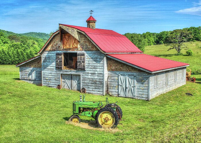 Hayesville Greeting Card featuring the photograph Hayesville Barn And Tractor by Lorraine Baum