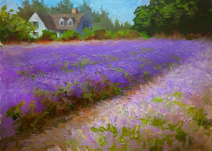 Oregon Art Greeting Card featuring the painting Impressionistic Lavender Field Landscape Plein Air Painting by K Whitworth