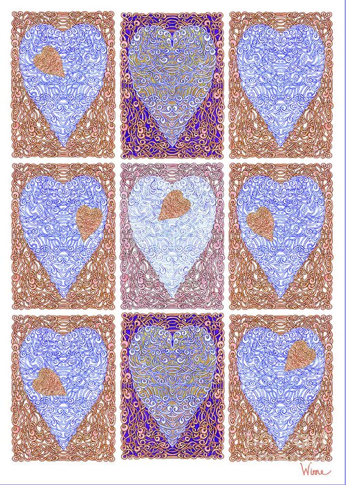 Lise Winne Greeting Card featuring the digital art Hearts Within Hearts In Copper and Blue by Lise Winne