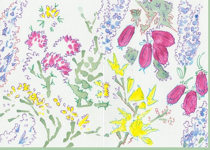 Heather Greeting Card featuring the painting Heather and Gorse watercolor illustration pattern by Mike Jory