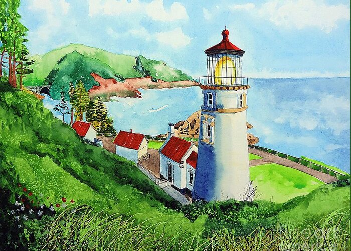 Heceta Greeting Card featuring the painting Heceta Head Lighthouse by Tom Riggs