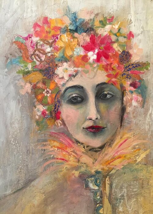 Women Flowers Contemporary Colorful Portrait Greeting Card featuring the mixed media Hedy Lamore by Janet Visser