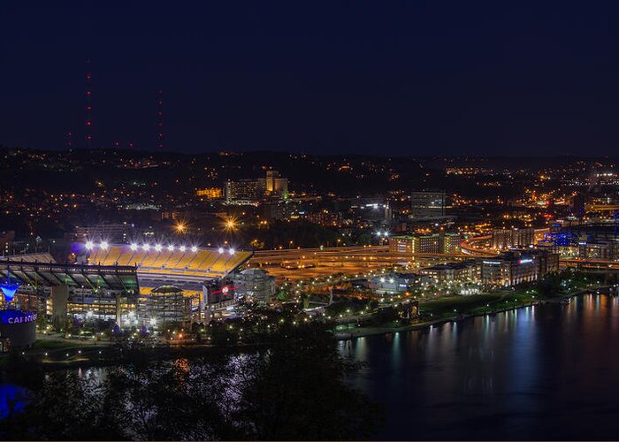 Da 18-135 Wr Greeting Card featuring the photograph Heinz Field at Night from Mt Washington by Lori Coleman