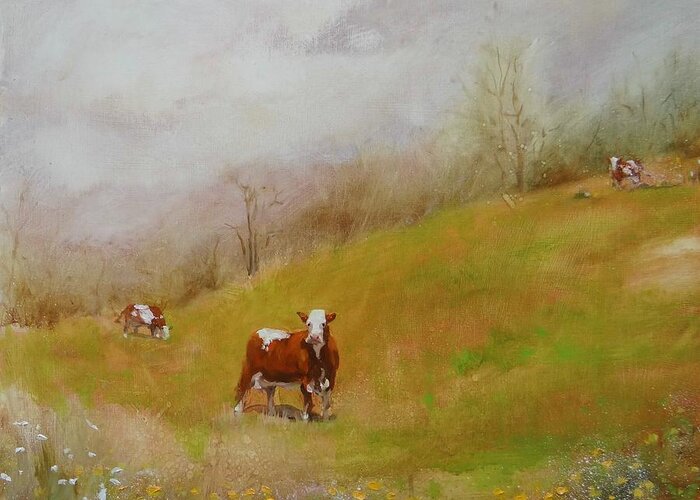 Cows Grazing Greeting Card featuring the painting Hello by Laura Lee Zanghetti
