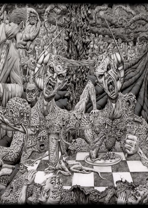 Graphite Drawing Creatures Monstrosity Gore Hell Food Dinner Diner Mutation Psychosis Mentally Deranged Greyscale Surreal Detailed Horror Greeting Card featuring the drawing Nightmare Diner by Mark Cooper