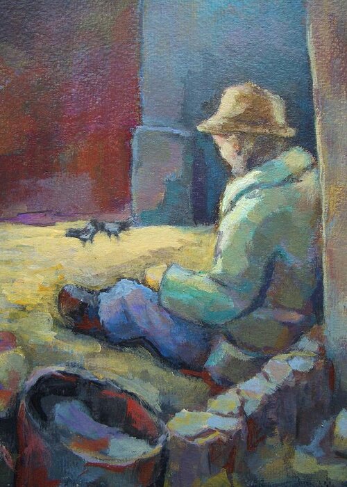 Help Me. Old Man Crow. Sun. Poverty. Cold. Greeting Card featuring the painting Help Me by Johannes Strieder