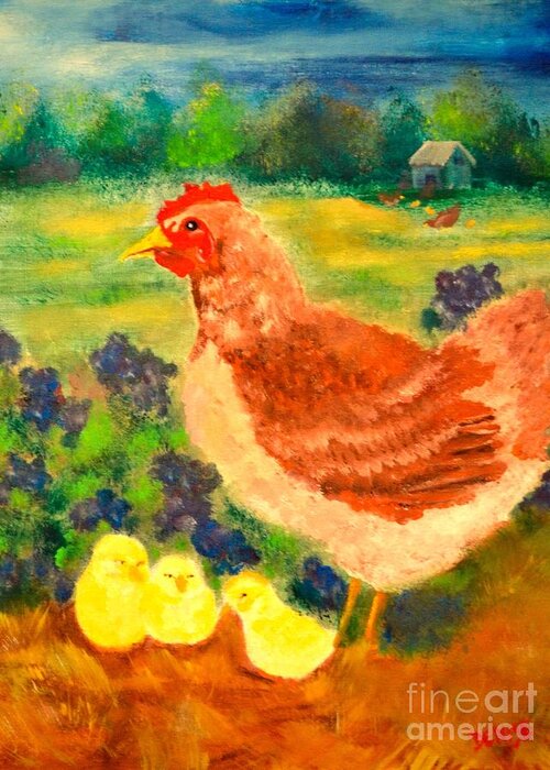Hen Greeting Card featuring the painting Hen and Chick by Denise Tomasura
