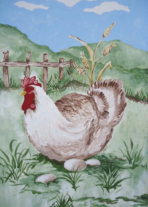 Hen Greeting Card featuring the painting Hen and Eggs by Leslie Manley