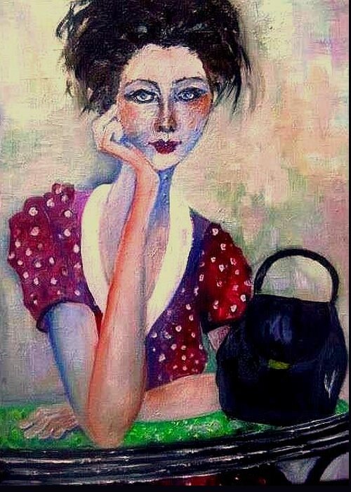  Fiftys Woman With Purse Greeting Card featuring the painting Her Purse by Esther Woods