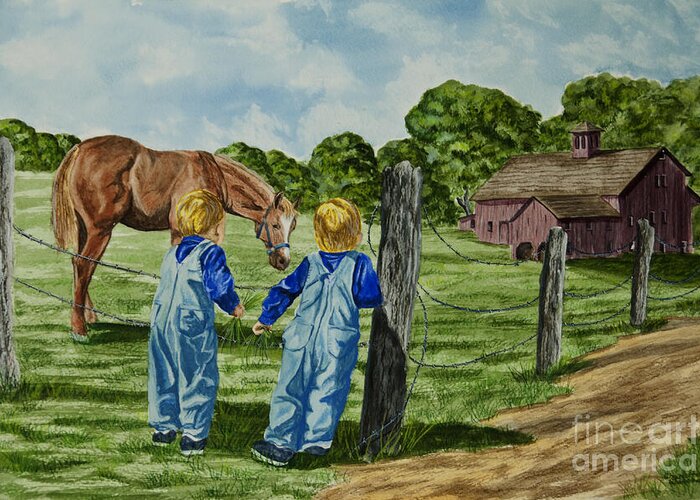 Country Kids Art Greeting Card featuring the painting Here Horsey Horsey by Charlotte Blanchard