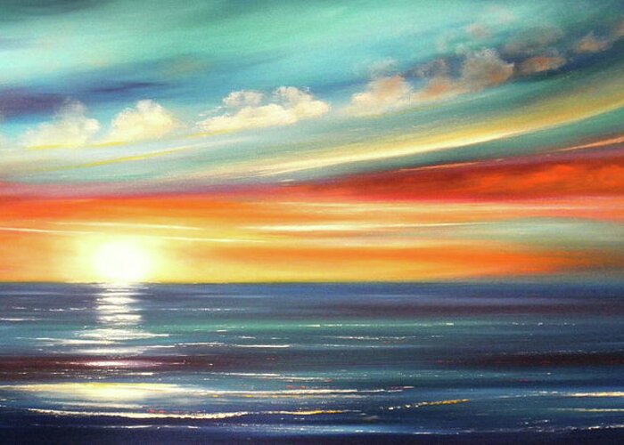 Brown Greeting Card featuring the painting Here It Goes - Panoramic Sunset by Gina De Gorna
