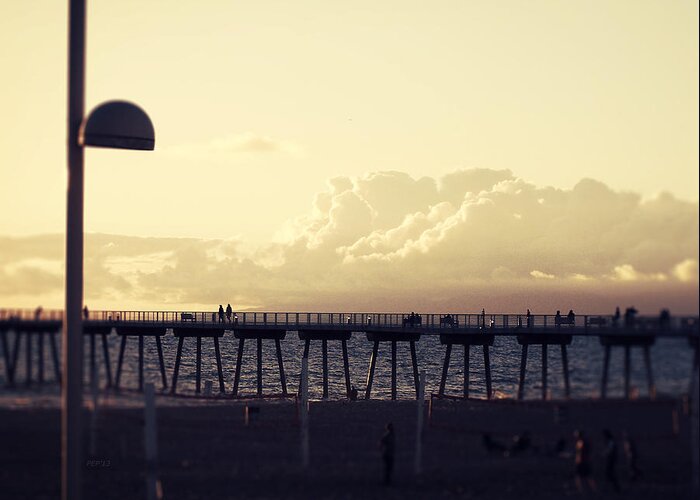 Hermosa Beach Greeting Card featuring the photograph Hermosa Beach Pier At Sunset by Phil Perkins