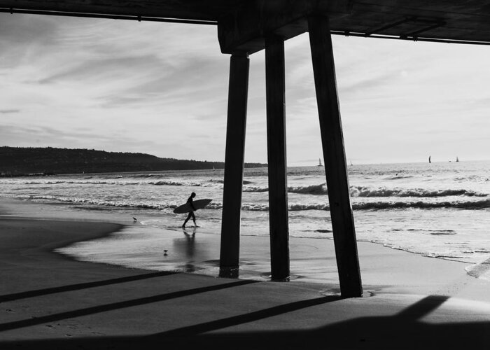 Pier Greeting Card featuring the photograph Hermosa Surfer Under Pier by Michael Hope